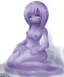  breasts cum drain drain_(object) goo_girl heart heart-shaped_pupils indoors looking_at_viewer monster_girl open_mouth original purple_eyes ryokuchaism slime smile solo symbol-shaped_pupils tile_wall wariza 