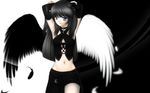  angel angel_wings bare_shoulders black_hair black_or_white black_wings blue_eyes elbow_gloves feathers gloves hitana long_hair midriff pose posing white_wings wings 