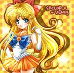  aino_minako back_bow bishoujo_senshi_sailor_moon blonde_hair blue_eyes bow character_name checkered checkered_background choker earrings gloves hair_bow half_updo heart jewelry long_hair lowres magical_girl orange_(color) orange_background orange_choker orange_sailor_collar orange_skirt pleated_skirt red_bow ribbon sailor_collar sailor_senshi_uniform sailor_venus shirataki_kaiseki skirt smile solo tiara white_gloves 