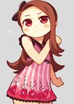  bachera blush bow brown_hair collar dress flat_chest frills grey_background hair_bow hair_ornament hair_tucking idolmaster idolmaster_(classic) long_hair looking_at_viewer minase_iori outstretched_arm red_eyes simple_background solo standing striped striped_dress sweatdrop vertical_stripes 