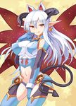  :q animal_ears breasts demon_girl demon_tail elbow_gloves extra_ears gloves highres horns large_breasts long_hair navel red_eyes shinrabanshou solo star tail thighhighs tongue tongue_out white_hair yoru_maou_belpheria yuugiri 