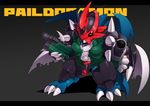  brown_eyes character_name chibi claws digimon digimon_adventure_02 gun letterboxed no_humans paildramon shadow solo spikes weapon wings wokashiya 