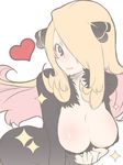  bent_over blonde_hair blush breasts chorimokki cleavage hair_ornament hair_over_one_eye heart large_breasts long_hair pokemon pokemon_(game) pokemon_dppt shirona_(pokemon) solo 