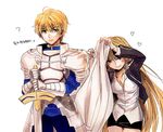  1girl armor arnoul arthur_pendragon_(fate) bad_id bad_pixiv_id blonde_hair excalibur fate/prototype fate/stay_night fate_(series) female_pervert genderswap genderswap_(ftm) genderswap_(mtf) gilgamesh green_eyes korean long_hair pervert red_eyes skirt skirt_lift sword weapon 