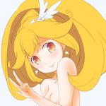  aaii blonde_hair blush cure_peace earrings hair_flaps jewelry kise_yayoi long_hair magical_girl nude precure smile smile_precure! solo v yellow 