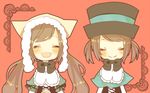  brown_hair eyes_closed hat lowres rozen_maiden siblings souseiseki suiseiseki twins twintails 