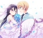  2boys black_hair black_neckwear blonde_hair blue_flower blue_ribbon blue_rose blue_suit blush bouquet bridal_veil carrying collared_shirt crossdressing dress earrings elbow_gloves eugeo flower formal frilled_dress frills gloves green_eyes hair_between_eyes hazuki_(sutasuta) highres holding holding_bouquet husband_and_husband jewelry kirito kirito_(sao-ggo) long_hair looking_at_another male_focus multiple_boys necklace necktie petals princess_carry purple_eyes ribbon rose shirt smile striped striped_ribbon suit sword_art_online tiara trap veil wedding wedding_dress white_gloves yaoi 