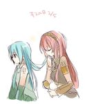  aqua_eyes aqua_hair bad_id bad_pixiv_id dated detached_sleeves hair_brush hair_down hair_kiss hairband hatsune_miku long_hair megurine_luka mizuki_(koko_lost) multiple_girls necktie pink_hair skirt tattoo vocaloid yuri 