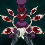  1girl artist_request gun hat kuroino_(0kuro8ino6) kuroino_(artist) mechanical_arms peacock_(skullgirls) red_eyes revolver skullgirls teeth top_hat weapon 