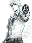  akagi akagi_shigeru artist_request foreshortening gun handgun male_focus red_eyes revolver simple_background solo weapon white_hair 