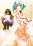  1girl :o aquarion_(series) aquarion_evol bath bath_stool bathing blue_eyes blush breasts brown_hair crossed_arms eyepatch fudou_zen green_hair hitotose_rin long_legs md5_mismatch medium_breasts nipples nude short_hair sitting sponge stool zessica_wong 