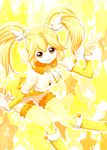  alternate_costume alternate_hairstyle bad_id bad_pixiv_id blonde_hair boots breasts cleavage cure_peace detached_collar detached_sleeves dress eyelashes hair_flaps kise_yayoi long_hair magical_girl precure small_breasts smile_precure! solo star starry_background thighhighs twintails v yellow yellow_background yellow_dress yellow_eyes yellow_footwear yellow_legwear yuiyuimoe 