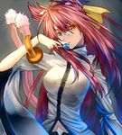  animal_ears blazblue bow bracelet breasts candy cat_ears cat_tail food glasses hair_bow jewelry kokonoe large_breasts lollipop long_hair multiple_tails navel pince-nez pink_hair slit_pupils solo tail tasuku_(1v1l) very_long_hair yellow_eyes 