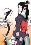  2012 antlers black_hair bow cloud copyright_request d_(atelierd) dragon dragon_girl eastern_dragon hair_tubes japanese_clothes kimono long_hair monster_girl new_year pointy_ears scales silhouette 