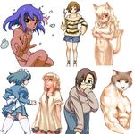  6+girls all_fours animal_ears animal_head back bare_shoulders blonde_hair blue_hair bottomless breast_rest breasts brown_eyes brown_hair cat cat_ears character_sheet copyright_request crossed_arms dress fur furry glasses green_eyes hair_over_one_eye hand_on_hip hand_to_own_mouth highres index_finger_raised long_hair maid maid_headdress medium_breasts miniskirt multiple_girls muscle nude oekaki open_mouth panties pantyshot purple_hair short_hair shorts skirt small_breasts standing striped sweater tail thighhighs topless underwear wewi_(1_2) yellow_sclera 