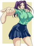  1girl alternate_breast_size blush breasts capcom erect_nipples female finger_to_mouth huge_breasts kido_shuuko long_hair miniskirt purple_hair red_wolf rockman rockman_exe simple_background skirt smile solo twintails 