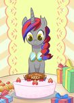  blue_hair cake candle csimadmax cupcake equine eyewear female food friendship_is_magic gift goggles grey_body hair horn madmax mammal multi-colored_hair my_little_pony original_character red_hair smile solo strawberries terrafirma text two_tone_hair unicorn yellow_eyes 