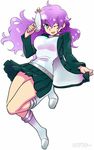  android_(os) blazer boots hana_no_android_gakuen laser_gun purple_hair samsung school_uniform skirt smile solo tan tie wink 