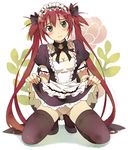  airi_(queen's_blade) arieko bad_id bad_pixiv_id black_legwear blush dress dress_lift full_body green_eyes long_hair looking_at_viewer maid maid_headdress panties queen's_blade red_hair smile solo thighhighs twintails underwear white_panties wrist_cuffs 