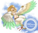  belt blonde_hair bow breasts claws feathered_wings feathers green_eyes gus_(clarkii) harpy long_hair medium_breasts midriff monster_girl navel open_mouth pixiv_fantasia pixiv_fantasia_sword_regalia ribbon sideboob sky smile solo wings 