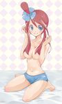  barefoot blush breasts chorimokki collarbone fuuro_(pokemon) green_eyes hair_censor hair_ornament hair_over_breasts long_hair medium_breasts navel pokemon pokemon_(game) pokemon_bw red_hair shiny shiny_skin sitting smile solo topless wariza 