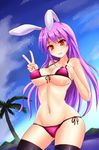  animal_ears bare_shoulders bikini black_legwear blue_sky blush body_blush breasts bunny_ears covered_nipples day front-tie_top groin large_breasts long_hair navel outdoors palm_tree purple_hair red_eyes reisen_udongein_inaba shiny shiny_skin side-tie_bikini sky slit_pupils solo sumapan swimsuit thighhighs touhou tree v very_long_hair 