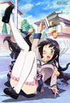  ;o absurdres black_hair blush bow cloud day dropping food frilled_legwear frills green_eyes hair_bow highres katsura_ken'ichirou kono_naka_ni_hitori_imouto_ga_iru! legs loafers long_hair megami non-web_source official_art one_eye_closed open_mouth scan school_uniform serafuku shoes sky solo thighhighs tripping tsuruma_konoe white_legwear 