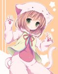  animal_costume animal_hood blush brown_hair cat_costume cat_hood cat_tail green_eyes hood hoodie idolmaster idolmaster_cinderella_girls izumiyuhina maekawa_miku outline paw_print smile solo star tail 