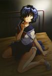  absurdres black_hair green_eyes hair_over_one_eye highres in_panties kaneko_shizue legs nazo_no_kanojo_x non-web_source nyantype official_art panties saliva scan school_uniform scissors serafuku socks solo underwear urabe_mikoto 