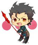  :d ahoge bad_id bad_pixiv_id black_hair brown_eyes chibi fate/zero fate_(series) gae_dearg lancer_(fate/zero) male_focus mole mole_under_eye open_mouth polearm siho simple_background smile solo spear weapon white_background 
