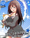  :3 :d bad_id bad_pixiv_id blush brown_hair card_(medium) card_parody cardigan cat character_name chuuta_(+14) cinderella_girls_card_parody diamond_(symbol) green_eyes idolmaster idolmaster_cinderella_girls jewelry long_hair necklace necktie open_mouth parody school_uniform shibuya_rin skirt smile solo sparkle star 