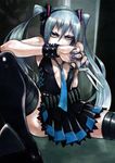  blue_eyes hagane_miku hagane_vocaloid hanji_(hansi) highres long_hair nail_polish necktie scissors silver_hair sitting skirt solo spikes thighhighs twintails very_long_hair vocaloid zettai_ryouiki 