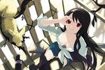 animal bad_id bad_pixiv_id banned_artist black_hair black_legwear breasts cleavage collarbone downblouse fence from_above front-tie_top hairband harano long_hair medium_breasts original red_eyes shirt shorts sitting smile solo thighhighs tied_shirt 