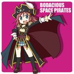  :d belt blue_eyes cape copyright_name cravat epaulettes hair_ornament hairclip hat hat_feather katou_marika loafers long_hair miniskirt_pirates netachou open_mouth pink_hair pirate pirate_hat rapier shoes skirt skull_and_crossbones smile solo sword weapon 