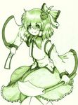  alternate_hairstyle blush breasts detached_sleeves gohei green hair_ornament hair_ribbon hair_tubes kasahebi kochiya_shizusa medium_breasts monochrome ofuda original ribbon short_hair skirt snake solo tadpole touhou 