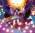  arm_cannon black_hair bow cape danmaku gpnet hair_bow long_hair navel open_mouth red_eyes reiuji_utsuho skirt solo third_eye touhou weapon wings 