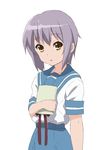  book errant grey_hair holding kita_high_school_uniform looking_at_viewer nagato_yuki school_uniform serafuku short_hair simple_background solo suzumiya_haruhi_no_yuuutsu white_background yellow_eyes 