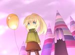  bad_id bad_pixiv_id balloon blonde_hair blue_eyes chibi cloud green_shirt kesikasumajin open_mouth pantyhose poniko ponytail reflection shirt skirt sky solo turtleneck yume_nikki 