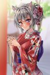  1girl absurdres animal_ears blurry blurry_background blush breasts cat_ears eyebrows_visible_through_hair fingers_together grey_hair hair_ornament heterochromia highres japanese_clothes kimono looking_at_viewer marisasu_(marisa0904) medium_breasts obi original outdoors sash short_hair smile solo standing upper_body 