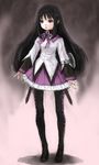  akemi_homura black_hair black_legwear hairband jpeg_artifacts long_hair magical_girl mahou_shoujo_madoka_magica pantyhose pon purple_eyes shield skirt solo 