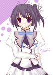  1girl black_hair breasts character_name mashiroiro_symphony onomiya_yutsuki purple_eyes ribbon school_uniform short_hair skirt 