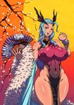  blue_hair bracelet bracelets breasts castanic_(tera) china_dress chinese_clothes curvy dress erect_nipples fan feather_boa gold_eyes horns jewelry large_breasts navel risky_graphics tera tera_online thick_thighs thighs tight yellow_eyes 