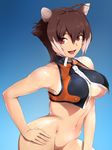  ahoge animal_ears bad_id bad_pixiv_id bare_shoulders blazblue bottomless breasts brown_eyes brown_hair contrapposto groin hand_on_hip large_breasts looking_at_viewer makoto_nanaya navel no_bra no_pussy no_tail open_mouth short_hair smile solo squirrel_ears standing ultra00 underboob 