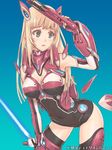  :&lt; blonde_hair bodysuit breasts cleavage copyright_name covered_navel gradient gradient_background green_eyes gun holding junketsu_duelion long_hair mecha_musume medium_breasts milva_fredman official_art remana robot_ears solo thighhighs translated watermark weapon 