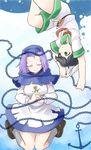  anchor ascot bad_id bad_pixiv_id belt black_hair brown_eyes chain closed_eyes flower hands_clasped hat hood kumoi_ichirin multiple_girls murasa_minamitsu naka_akira open_mouth own_hands_together purple_hair sailor sailor_hat shorts smile touhou upside-down 