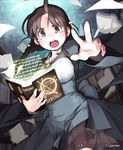  bad_id bad_pixiv_id book braid breasts brown_eyes brown_hair injury large_breasts lena_(zoal) magic magic_circle miina_(shingeki_no_bahamut) open_mouth shingeki_no_bahamut solo tears twin_braids twintails watermark wavy_mouth 