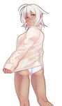  ass bad_id bad_pixiv_id bottomless clothes_tug dark_skin highres noriyoshi orange_eyes original panties parted_lips ribbed_sweater short_hair simple_background solo sweater sweater_tug underwear unko_man white_background white_hair white_panties 