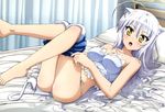  absurdres ahoge animal_ears ass bed blush cat_ears cat_tail dog_days highres leonmitchelli_galette_des_rois lion_tail long_hair official_art panties pillow silver_hair tail tamaki_shingo thong underwear yellow_eyes 