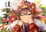  1girl ahoge arms_up bangs blush brown_hair eyebrows_visible_through_hair floral_background floral_print flower hair_between_eyes hair_flower hair_ornament hairband hands_up headgear highres japanese_clothes kantai_collection kimono kongou_(kantai_collection) konkito long_hair long_sleeves looking_at_viewer one_eye_closed open_mouth purple_eyes sidelocks smile solo translation_request 