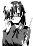  adjusting_eyewear baton bespectacled blush glasses greyscale hair_down johanna_wiese kyougoku_shin long_hair military military_uniform monochrome smile solo uniform world_witches_series 